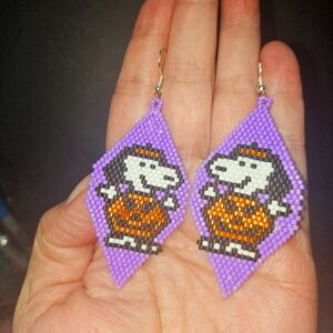 Handmade Beaded Snoopy in a Pumpkin Halloween Costume Earrings
